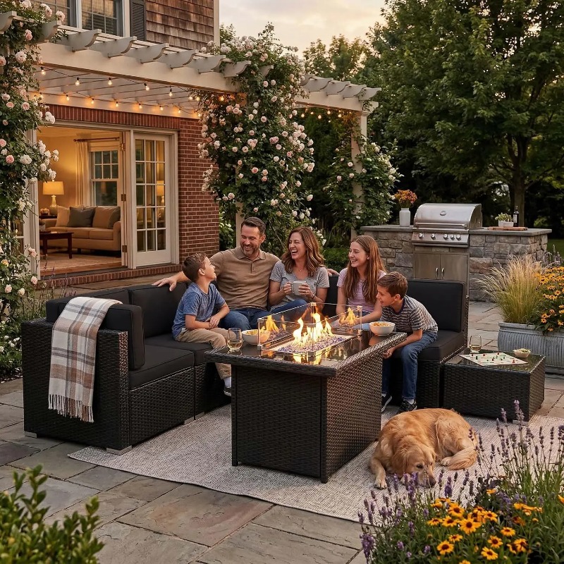 Outdoor Furniture With Fire Pit - 8-Piece Patio Wicker Sectional Sofa Set