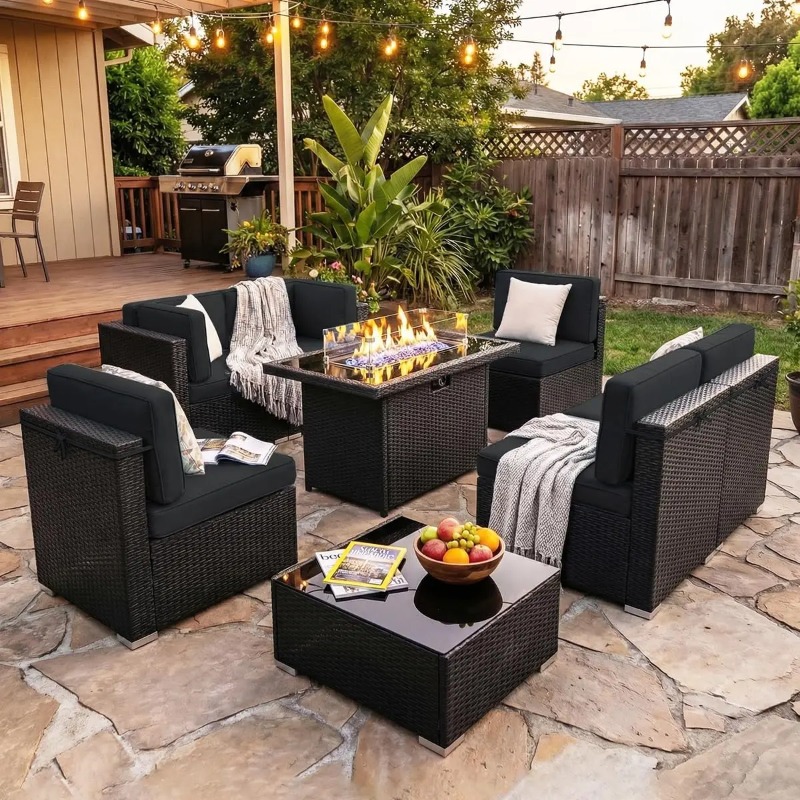 8-Piece Patio Wicker Sectional - Outdoor Furniture With Fire Pit 评论和价格