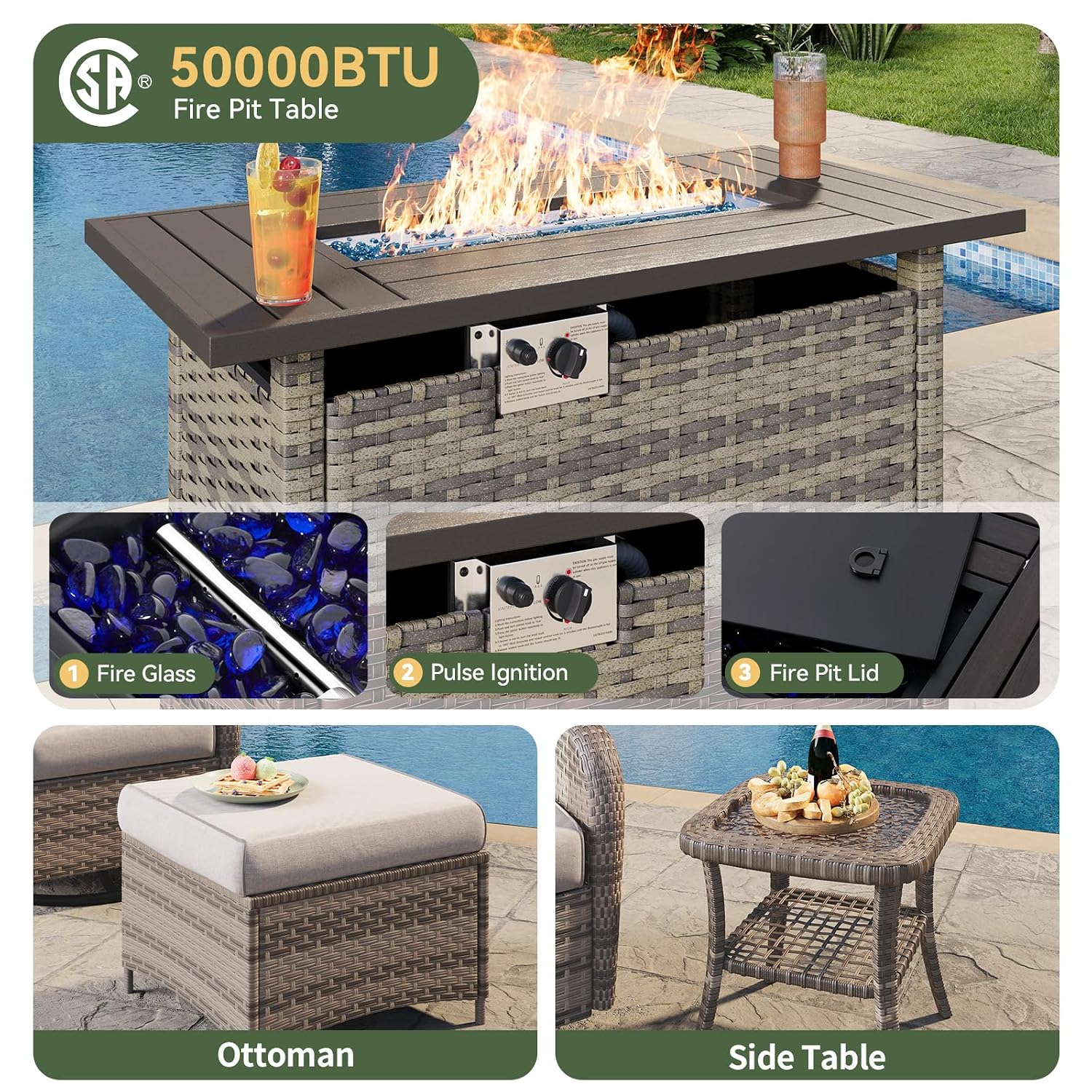 7-Piece Wicker Patio Set with  - Outdoor Furniture With Fire Pit 评论和价格